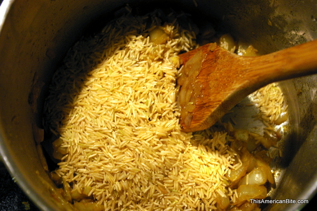 Rice added to fried onions