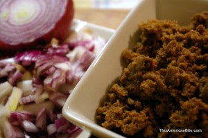 red onions and vegan taco meat