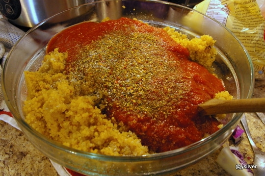 Mixing ingredients for quinoa pizza casserole
