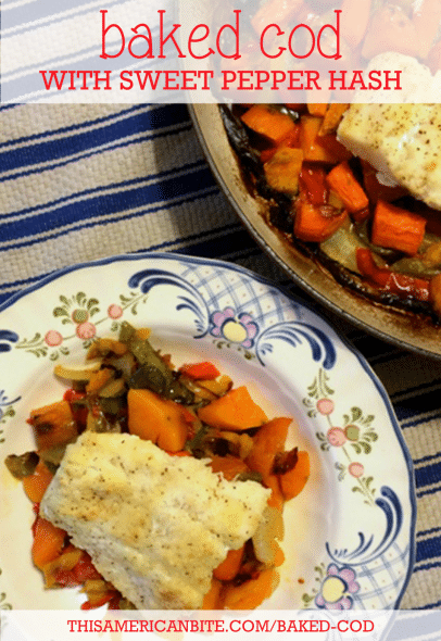 Baked cod with a sweet pepper hash